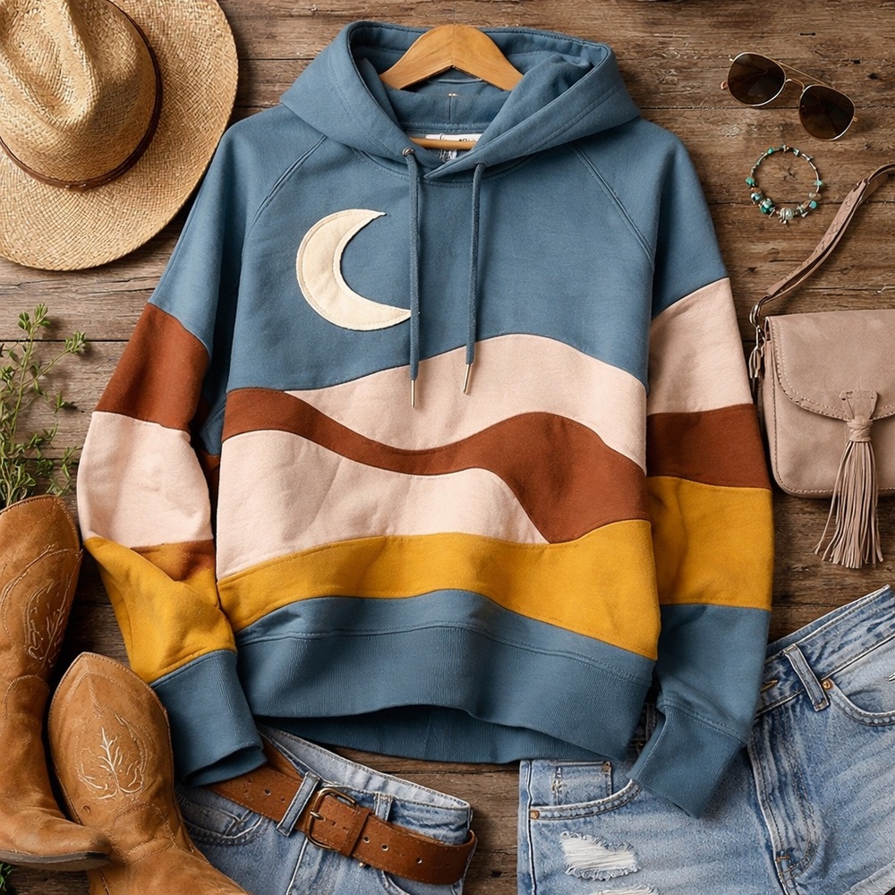Simply Southern Moon Hoodie L Cozy Colorblock Boho Western Sweatshirt Oversized - Picture 6 of 7